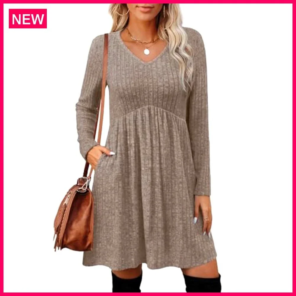 Long Sleeve V Neck Sweater Dress Empire Waist Babydoll with Pockets - Picture 2 of 7